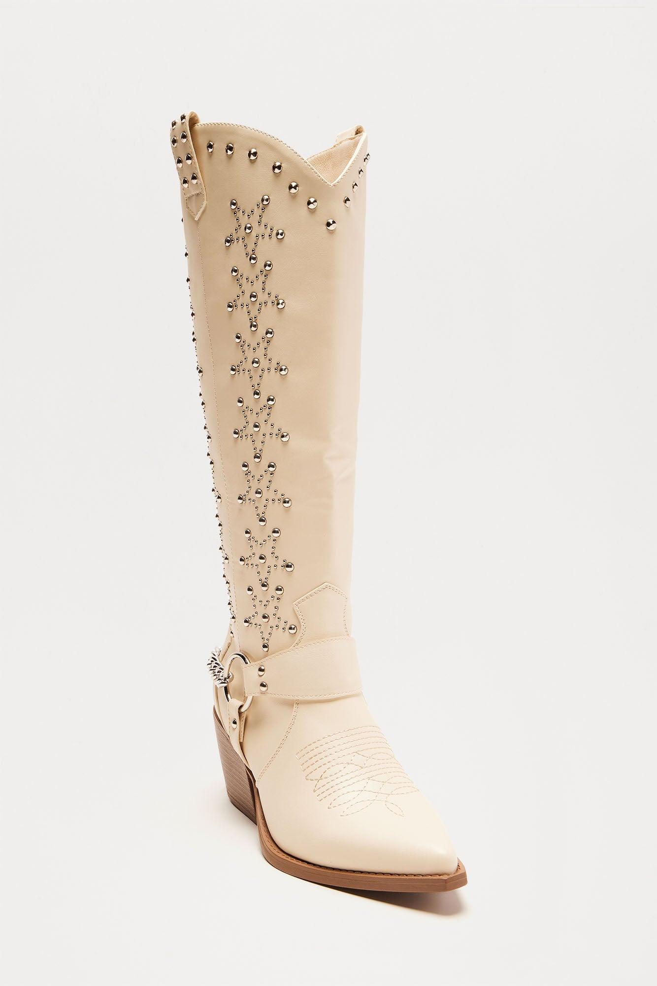 Berkeley Studded Cowboy Boots - Cream Product Image