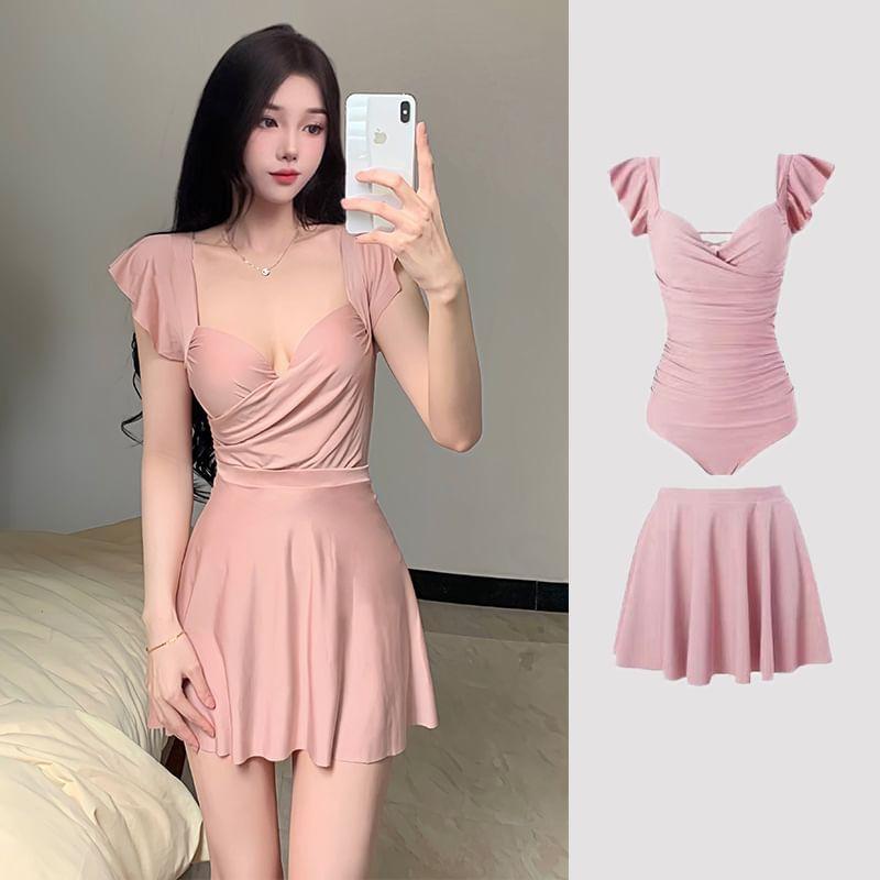 Cap-Sleeve Plain Ruched Swim Dress Product Image