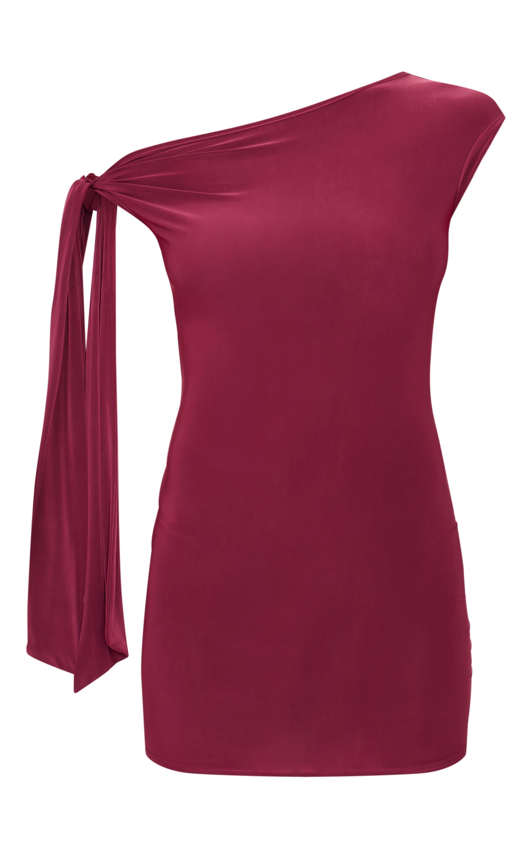 Plum Slinky Asymmetric Tie Shoulder Mini Dress Product Image