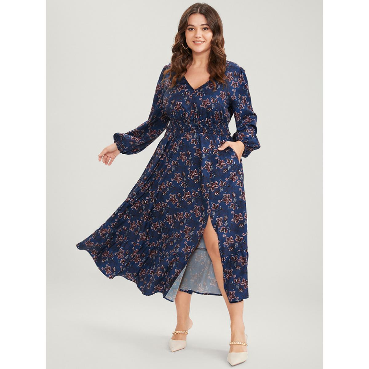 Plus Size Floral V Neck Pocket Lantern Sleeve Shirred Split Dress DarkBlue Women Elegant Pocket V-neck Long Sleeve Curvy Midi Dress BloomChic 30/6X Product Image