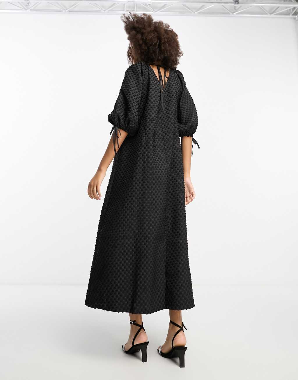 ASOS DESIGN textured midi smock dress with gathered neck in black Product Image