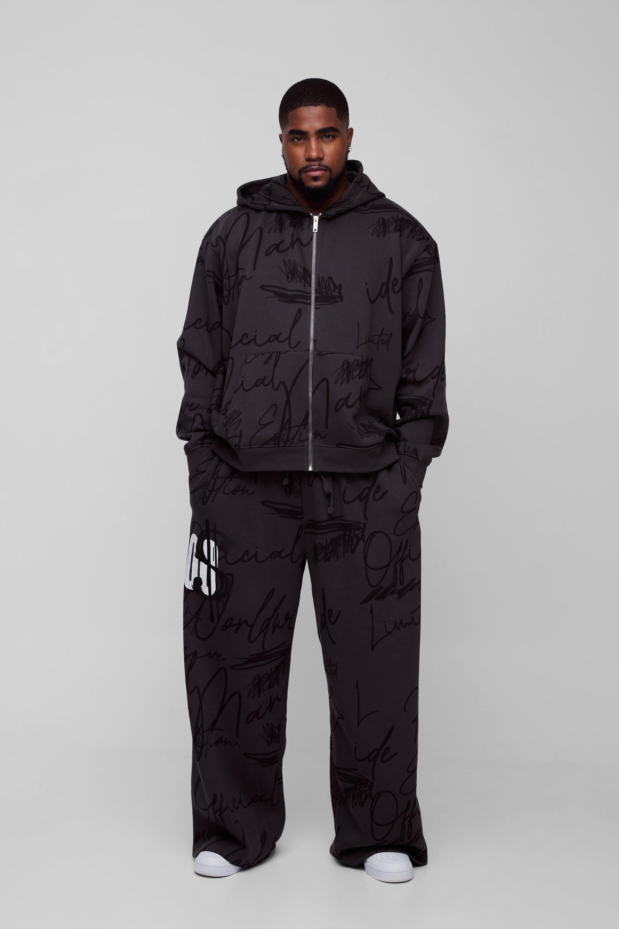 Plus Oversized Boxy Graffiti Hooded Wide Leg Tracksuit | boohooMAN USA Product Image