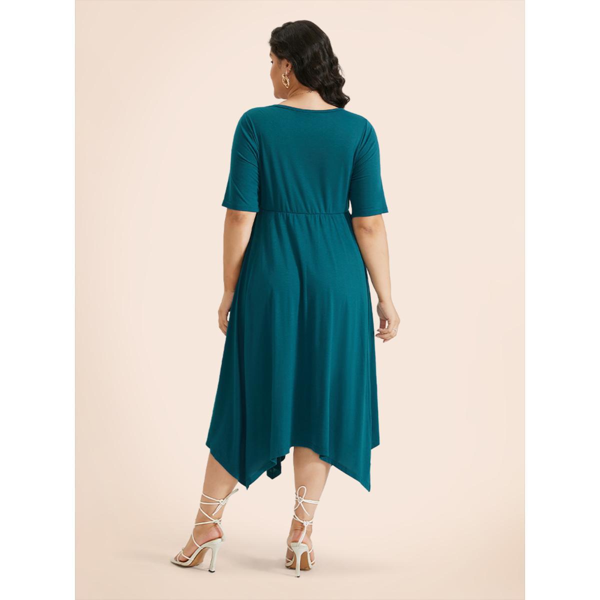 Plus Size Solid Ruched Pocket Asymmetrical Hem Dress Cerulean Women Elegant Gathered V-neck Short sleeve Curvy Midi Dress BloomChic 28/5X Product Image