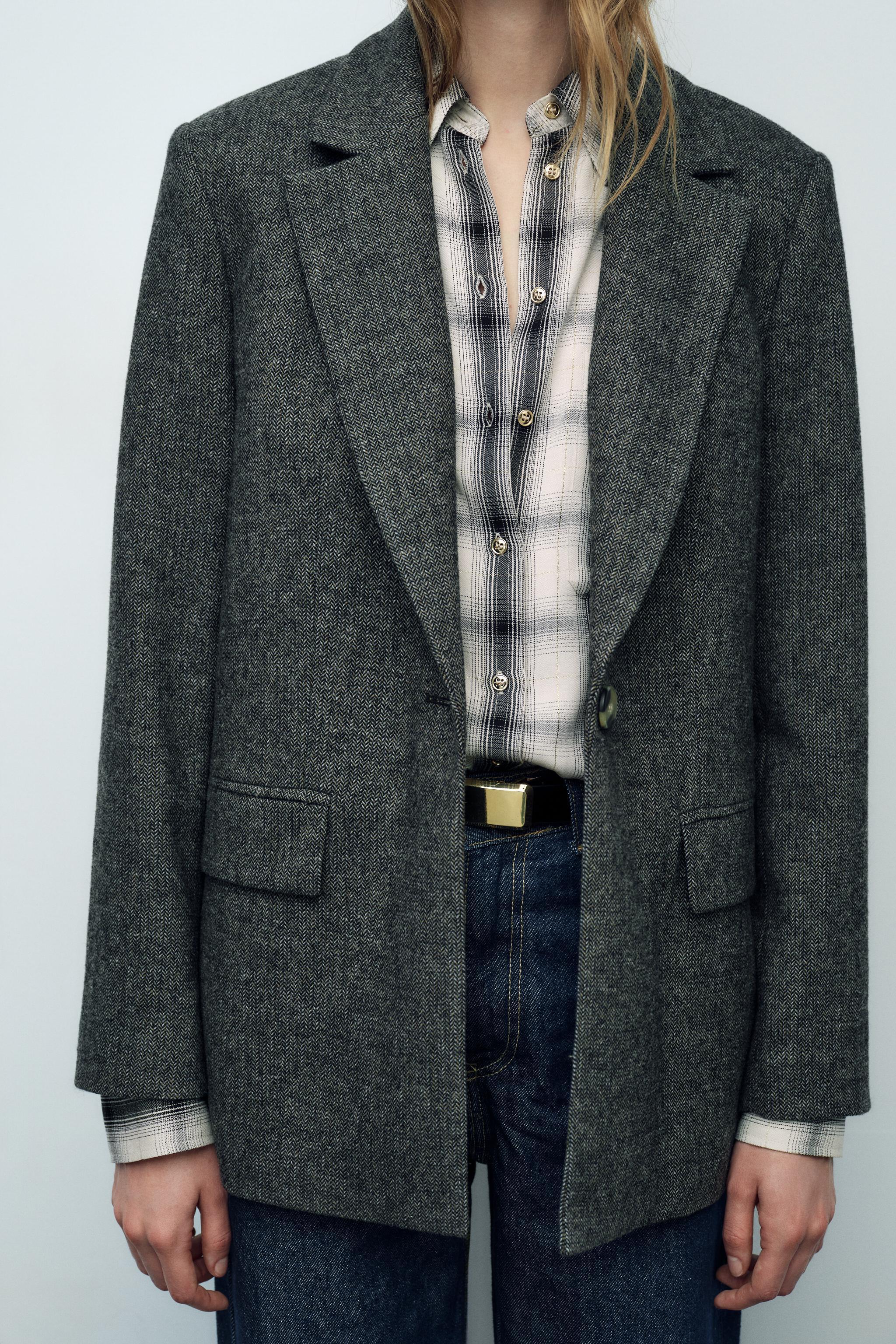 STRAIGHT CUT WOOL BLEND HERRINGBONE BLAZER Product Image