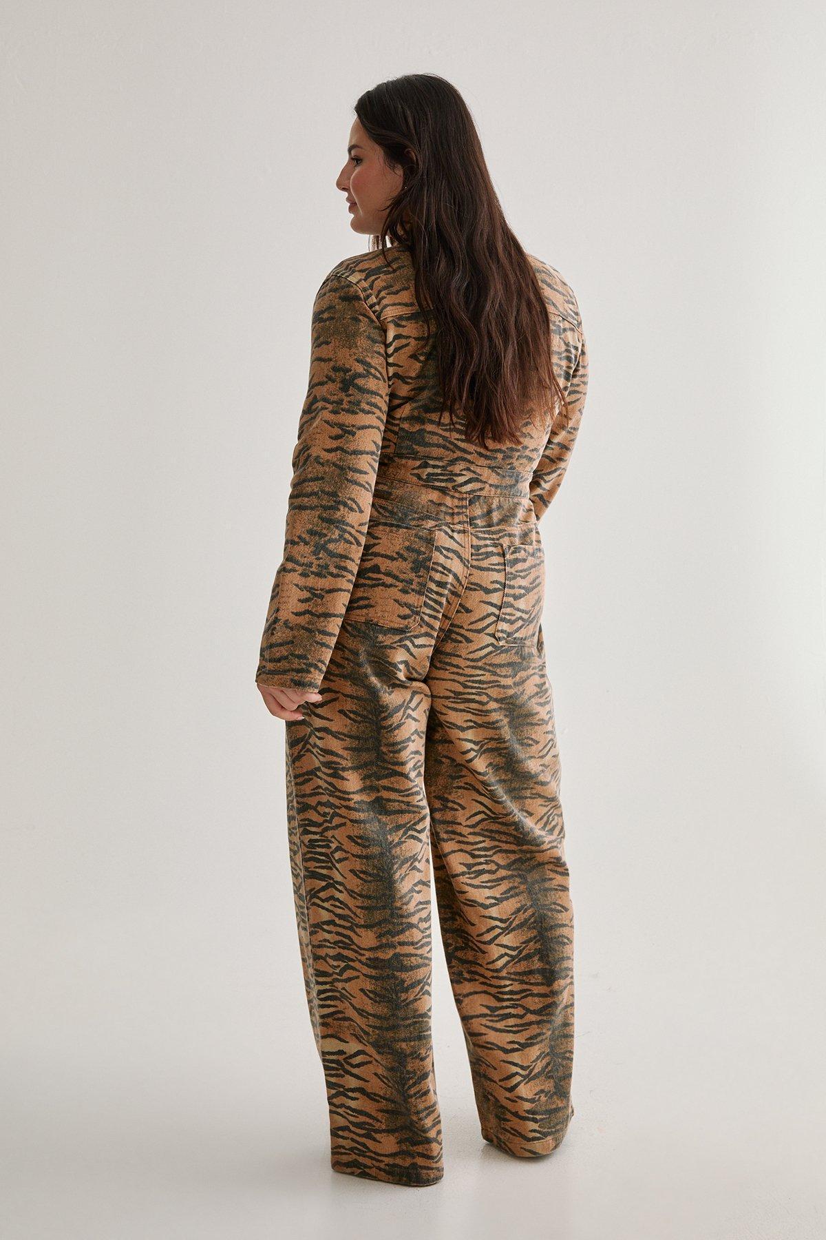 Plus Tiger Print Denim Jumpsuit Product Image
