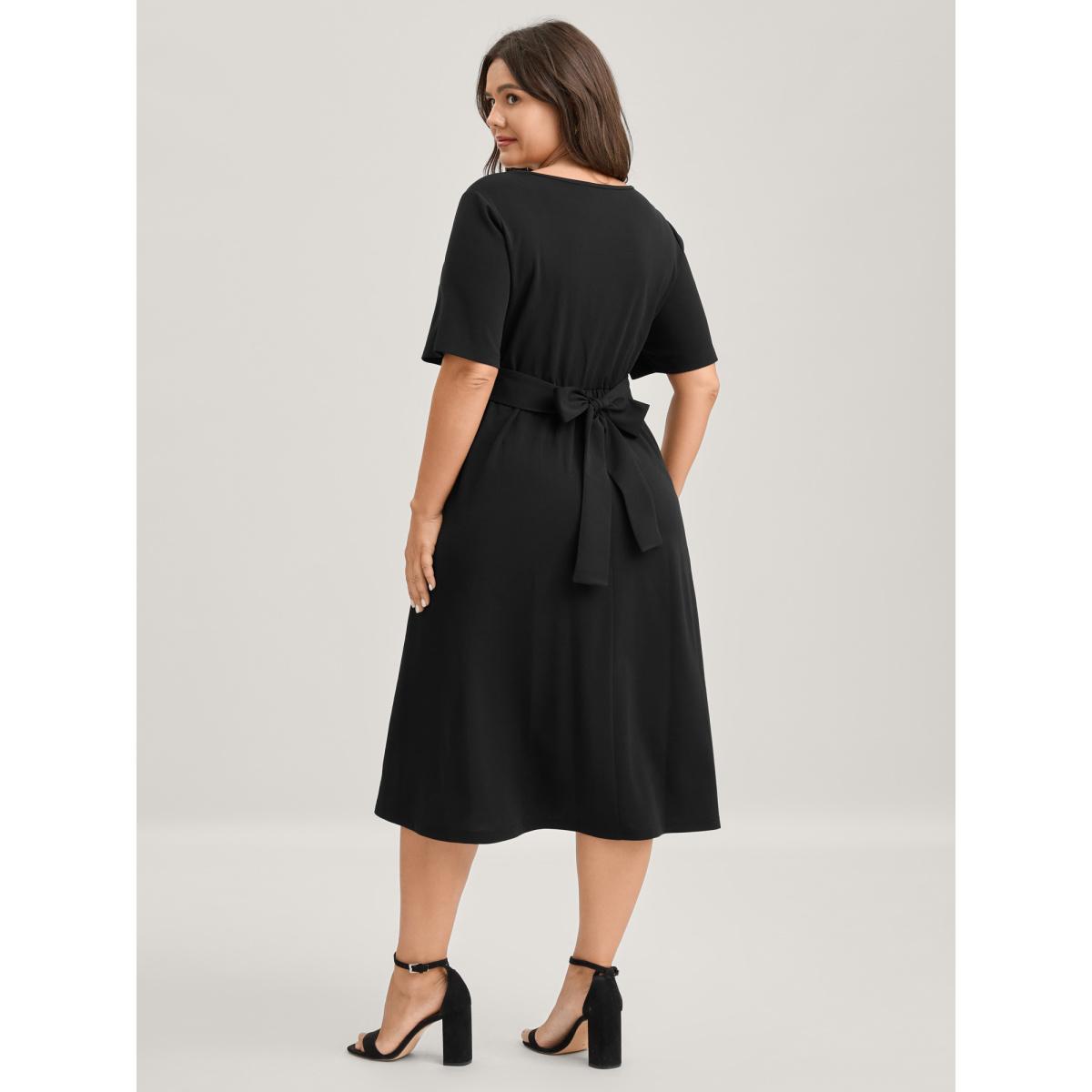Plus Size Super Stretchy Overlap Waist Midi Dress Black Women Timeless Tie knot Heart neckline Short sleeve Curvy BloomChic 28/5X Product Image