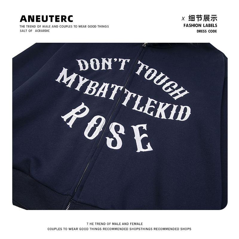 Fluffy Trim Lettering Zip Up Hoodie Product Image