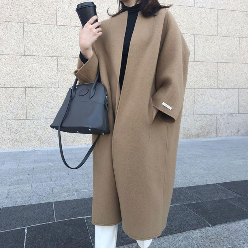 Collarless Plain Open Front Long Coat Product Image