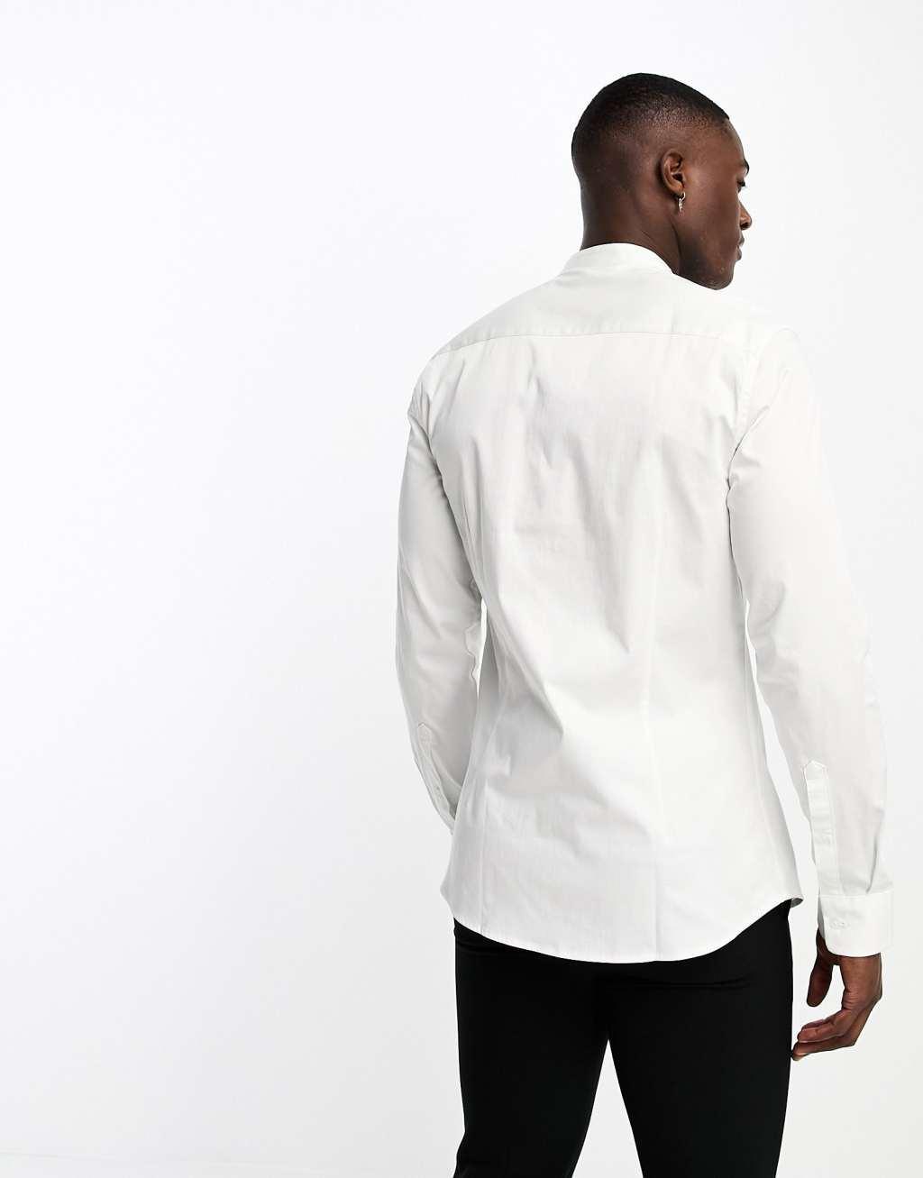 ASOS DESIGN slim sateen shirt with pleat front detail & grandad collar in white Product Image