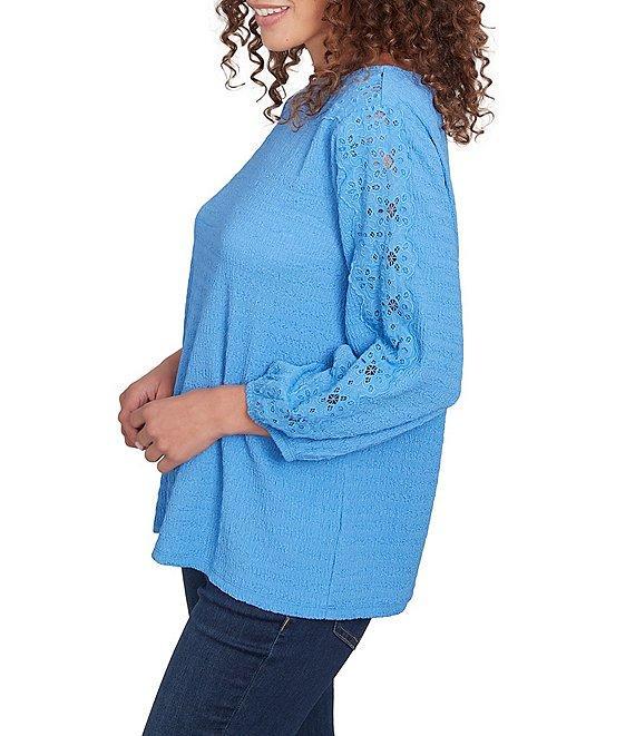 Ruby Rd. Textured Eyelet Trim Boat Neck Bracelet Length Sleeve Knit Top Product Image