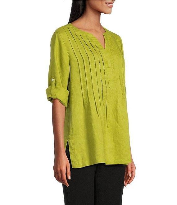 John Mark Linen Y-Neck Roll Tab Sleeve Pintuck Tunic Product Image