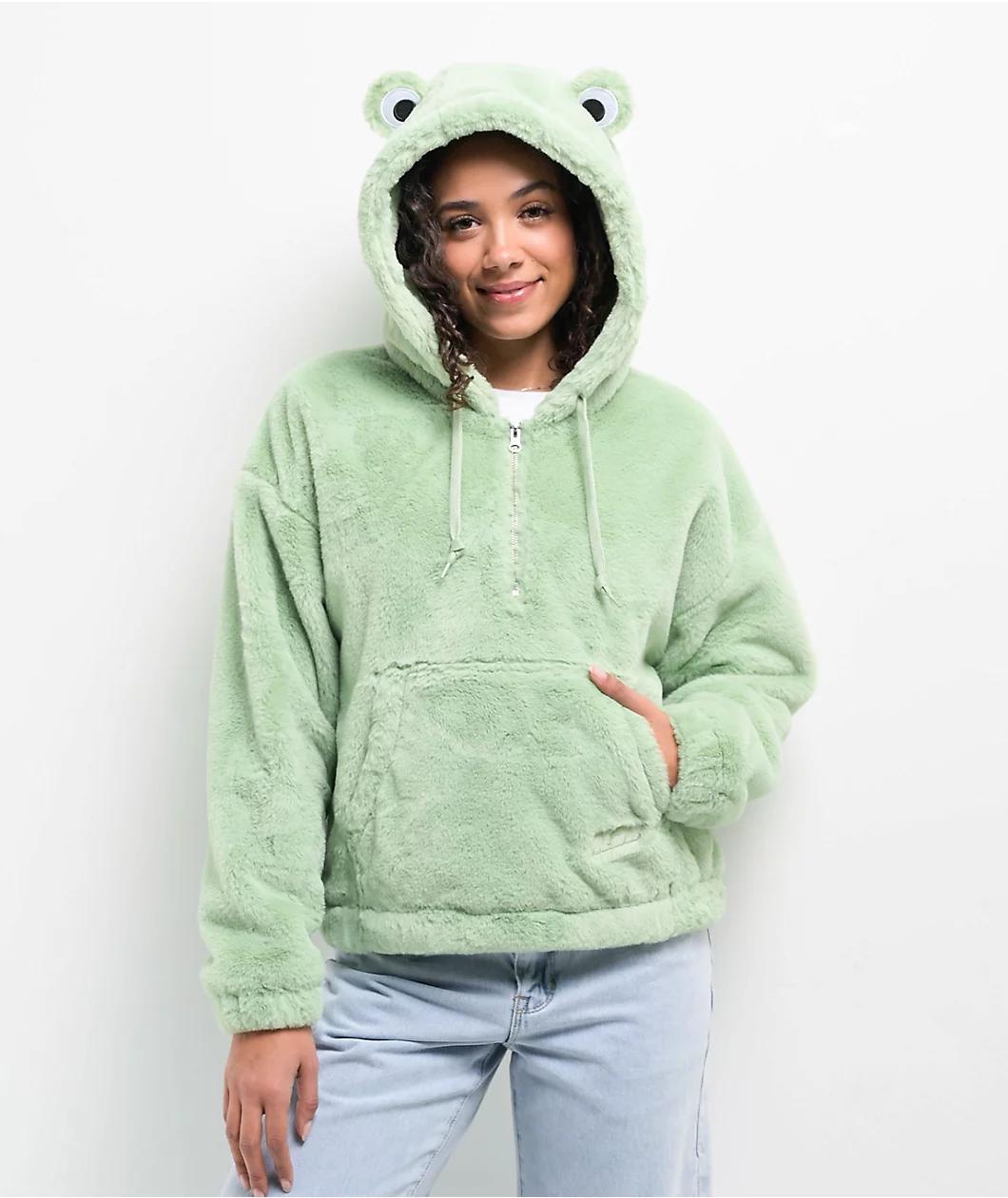 A.LAB Kendra Frog Green Sherpa Half Zip Hoodie Product Image