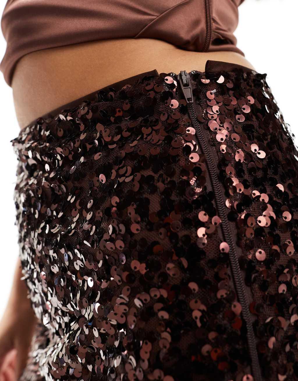 ASOS DESIGN sequin midi skirt in brown Product Image