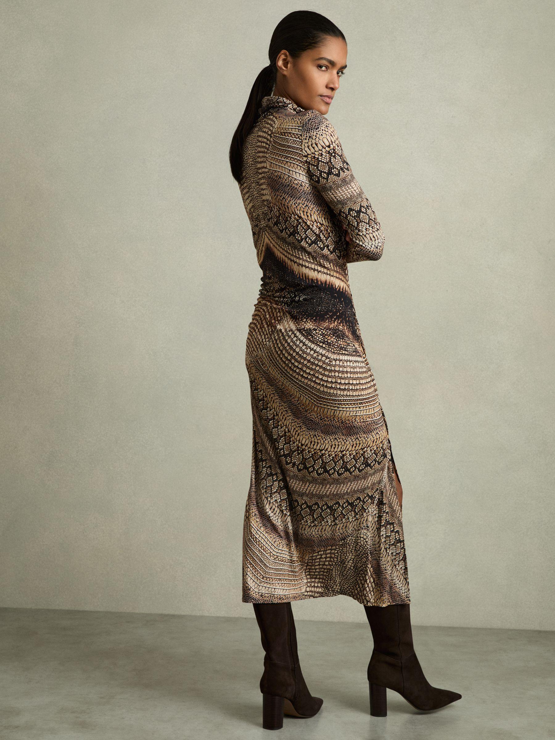 Snake-Print Draped Midi Dress in Brown Product Image