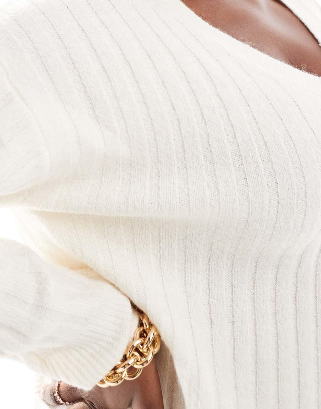ASOS DESIGN Curve v neck ribbed sweater in cream Product Image