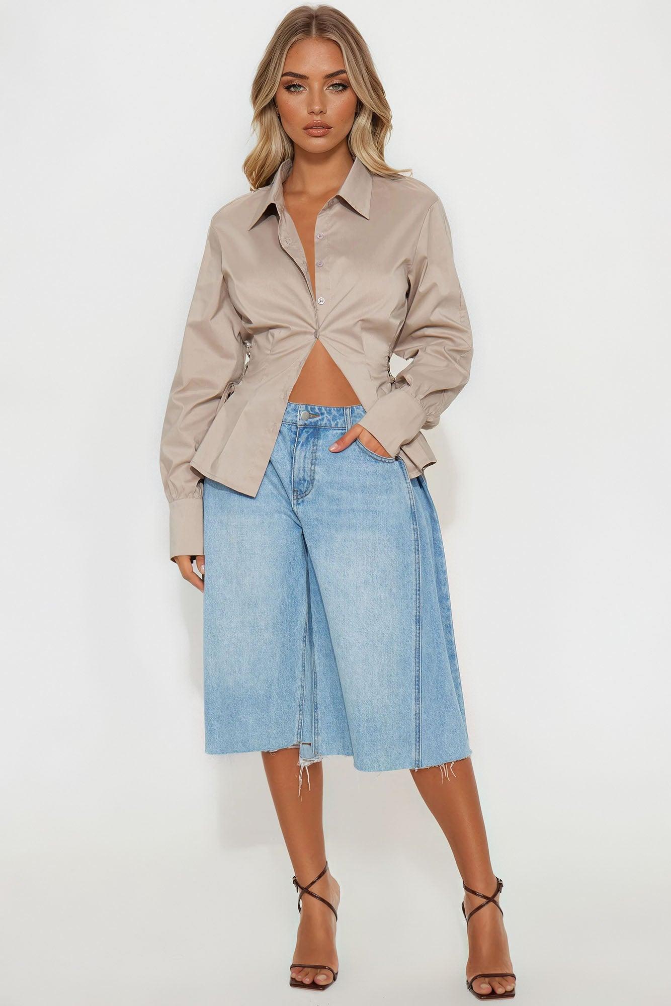 Back To Back Lace Up Poplin Shirt - Taupe Female Product Image