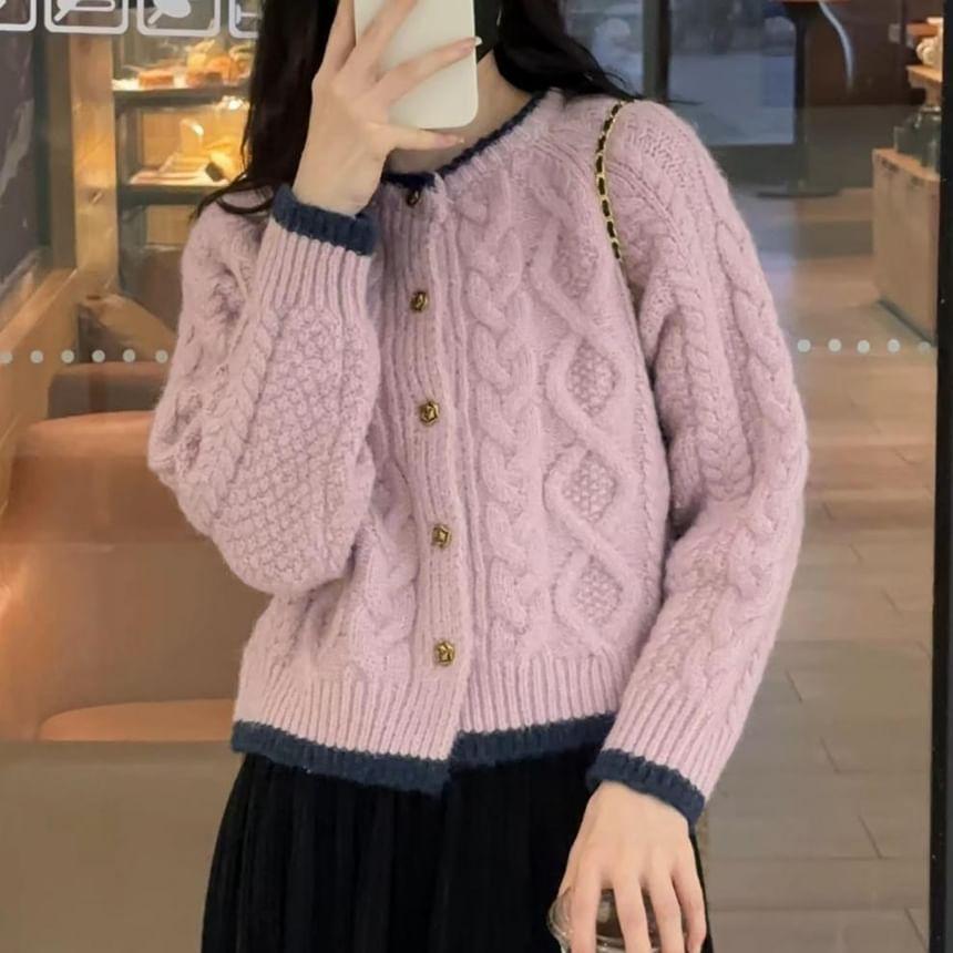 Plain Contrast Trim Cable-Knit Cardigan Product Image