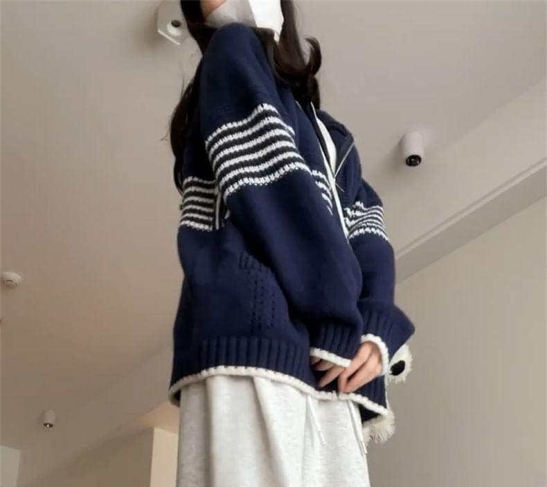 Striped Hooded Zip Cardigan Product Image