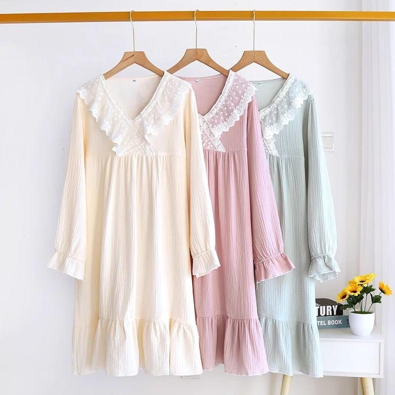 Long-Sleeve V-Neck Lace Trim Pajama Dress Product Image