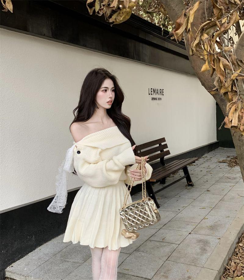 Long-Sleeve Off Shoulder Knit Mini A-Line Dress Product Image