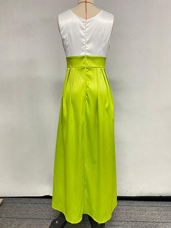 A-Line High Waisted Contrast Color Pleated Zipper Deep V-Neck Maxi Dresses Product Image