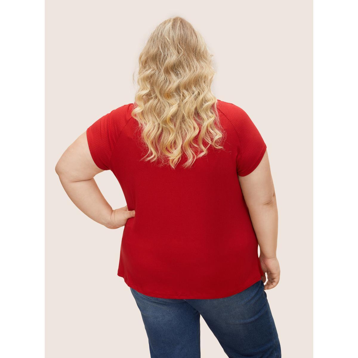 Plus Size Solid Notched Collar Pit Strip T-shirt Brightred Women Timeless Non Notched collar Bodycon Elegant T-shirts BloomChic 26/4X Product Image