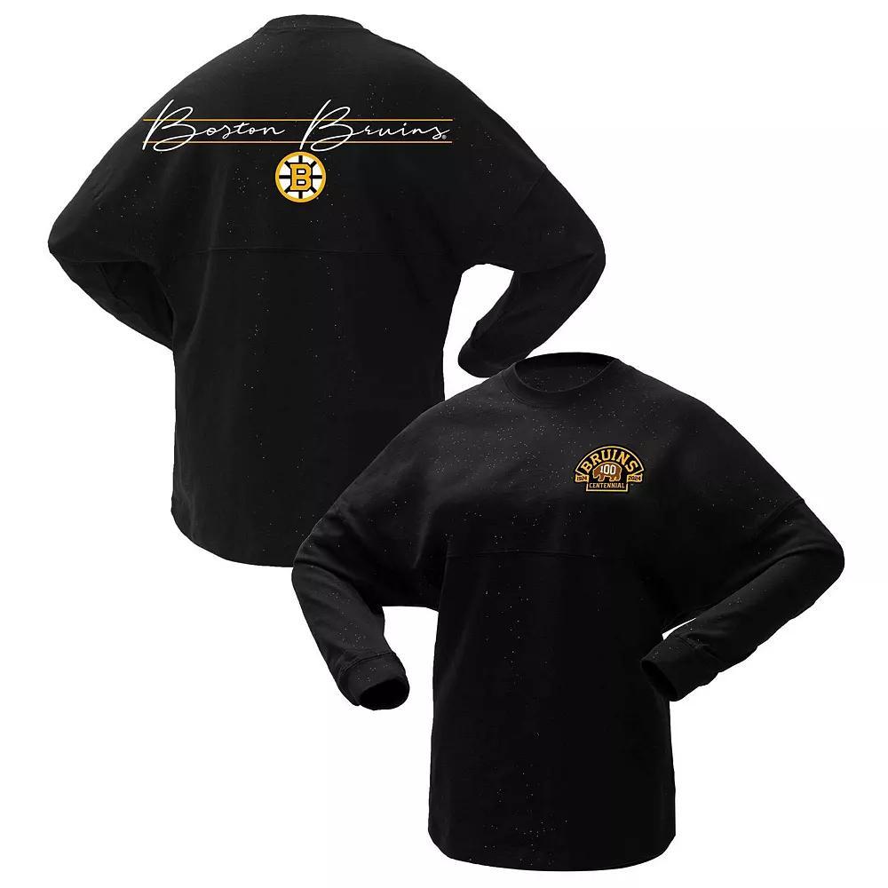 Women's Fanatics Branded Black Boston Bruins 100th Anniversary Sparkle Spirit Jersey T-Shirt, Size: Large Product Image