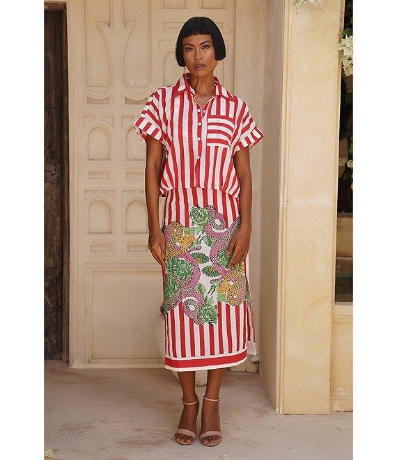 Mo Maya Red Stripe Dragon Print Camp Collar Short Sleeve Button Front Coordinating Coverup Top Product Image
