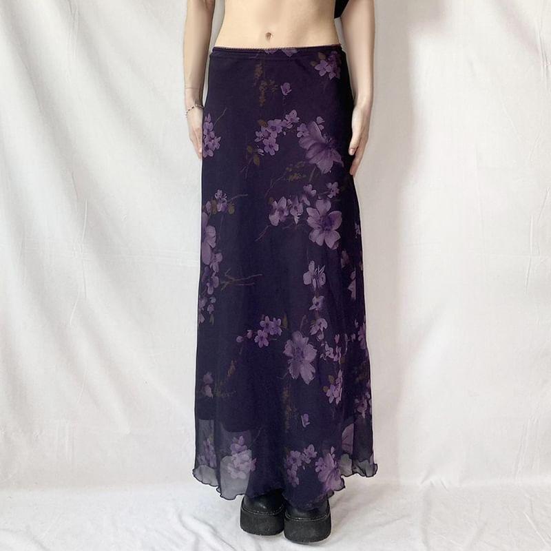 Low Waist Floral Print Lettuce Edge Mesh Maxi A-Line Skirt Product Image