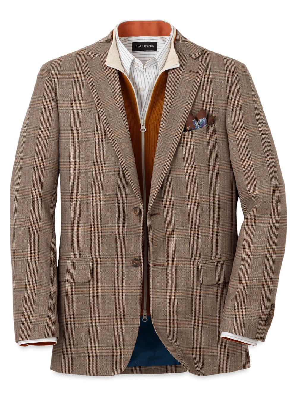 Wool Plaid Single Breasted Notch Lapel Sport Coat - Brown Product Image