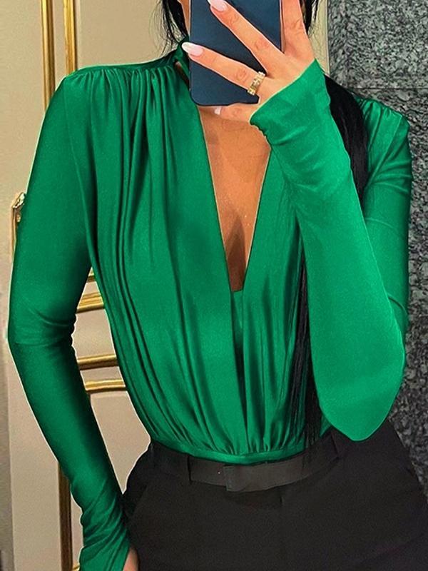 Solid Plunge Neck Splice Thumb Hole Bodysuits Product Image