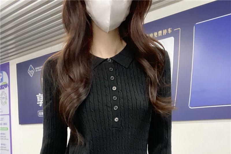 Long-Sleeve Plain Ribbed Knit Polo Shirt Product Image