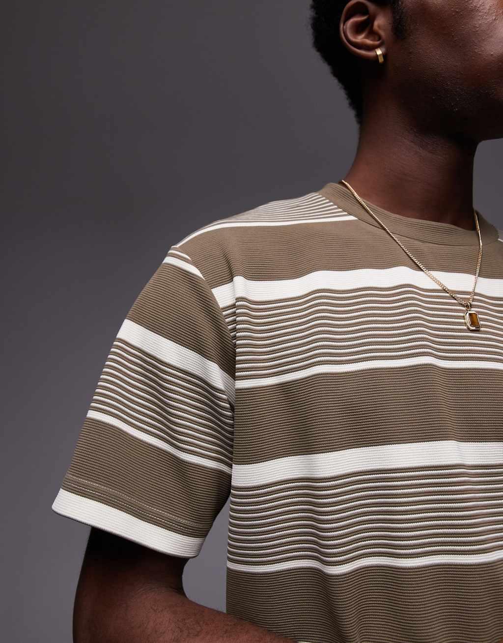 Topman premium oversized fit striped t-shirt in khaki Product Image