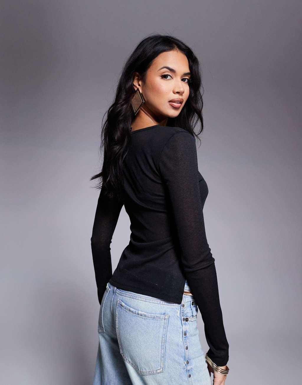 ASOS DESIGN longline long sleeve mesh top with side splits in black Product Image