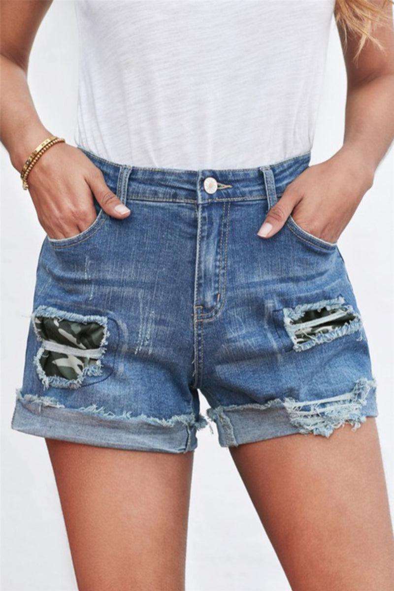 Camo Rolled Hem Denim Shorts Product Image