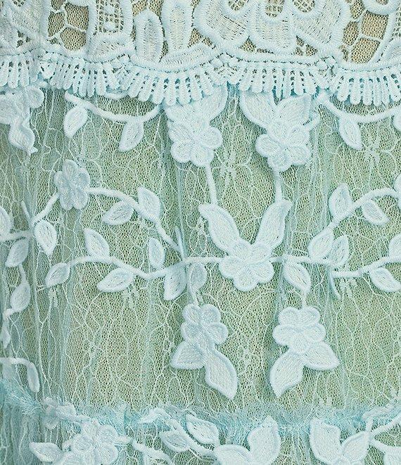 Adrianna Papell Floral Lace Embroidery V-Neck Short Sleeve Tiered Mini A-Line Dress Product Image