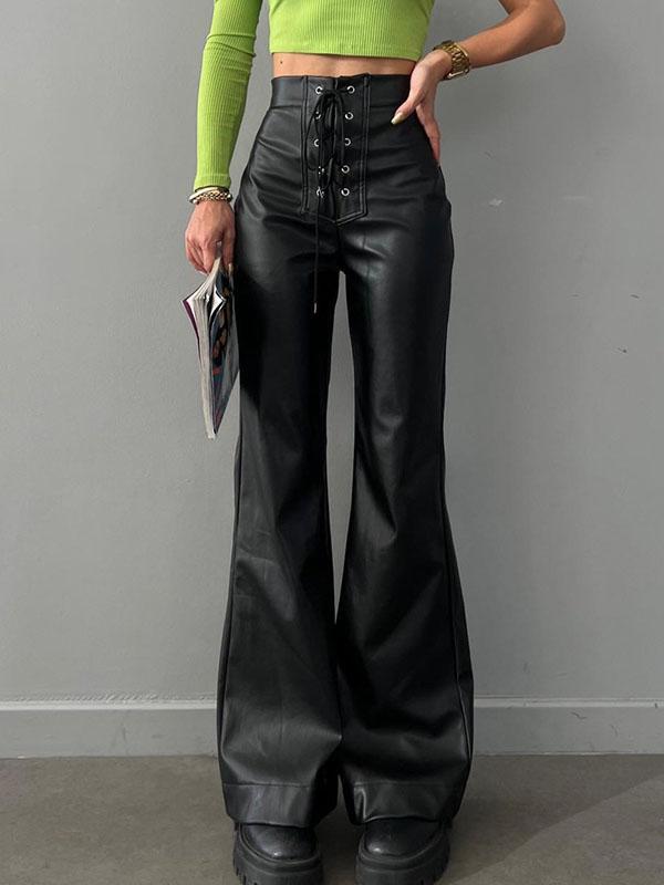 Flared Pants Bandage Solid Color Pants Trousers Product Image