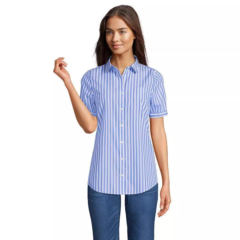 Women's Lands' End Wrinkle Free No Iron Short Sleeve Shirt, Size: Medium, Simply Pink Stripe Product Image