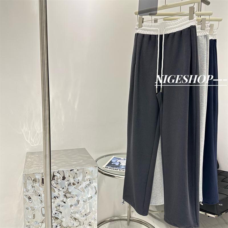 Drawstring Waist Contrast Trim Wide Leg Sweatpants Product Image