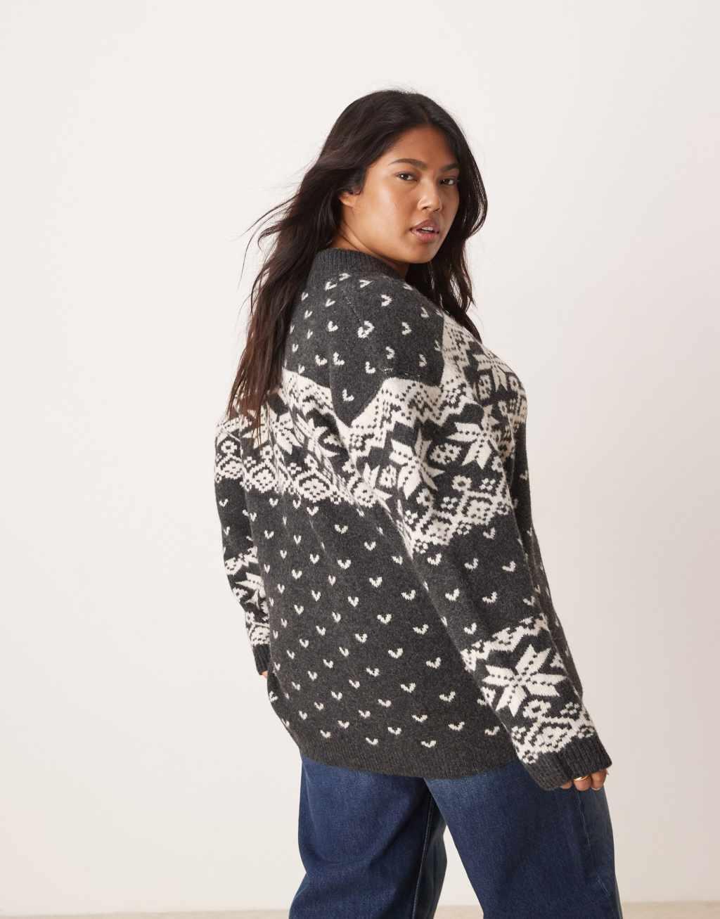 ASOS DESIGN Curve knitted collar zip through cardigan with fairisle pattern in charcoal and cream Product Image