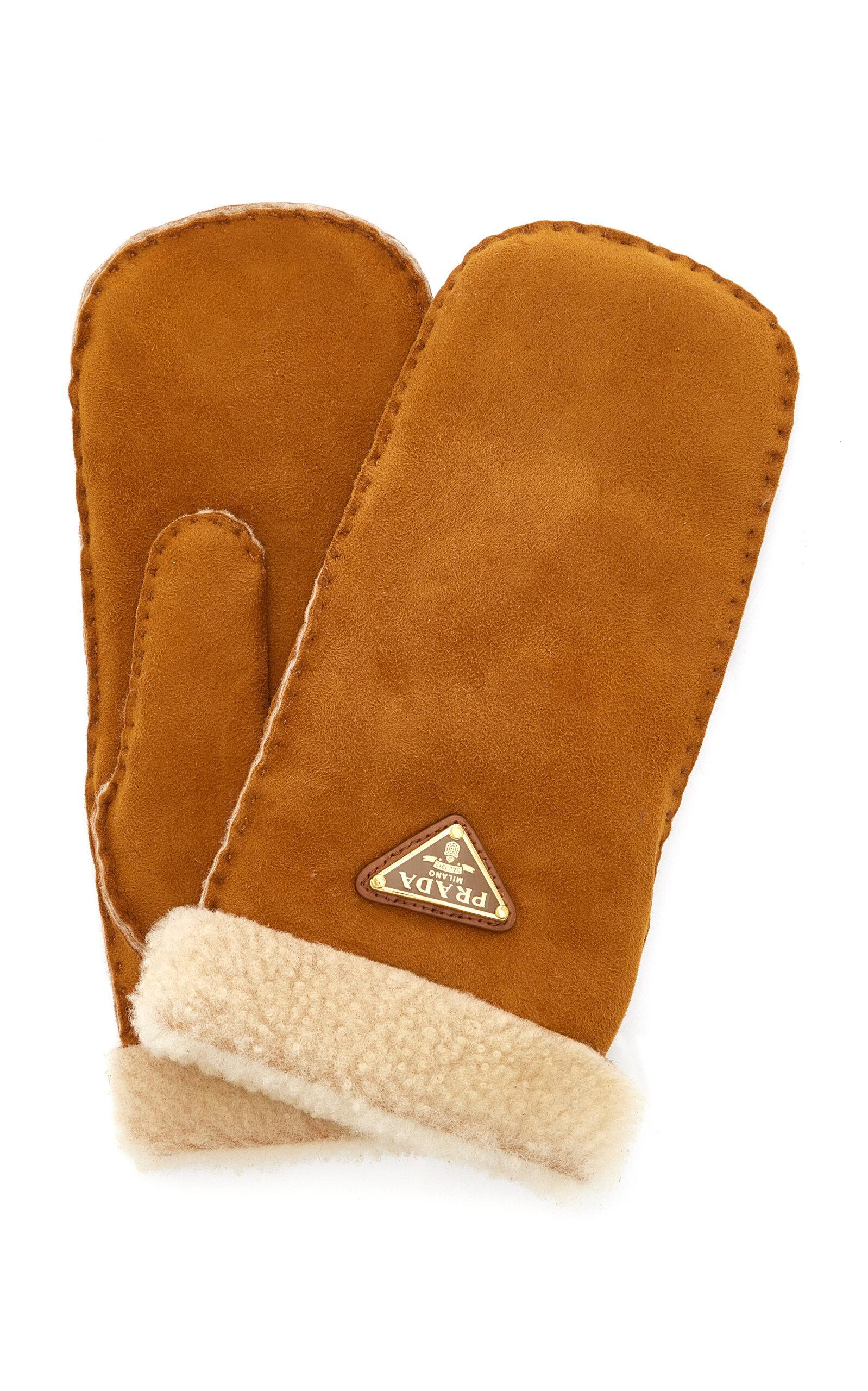 PRADA Shearling Mittens In Brown Product Image