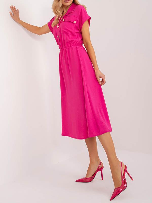 A-Line High Waisted Buttoned Pleated Solid Color Lapel Midi Dresses Product Image