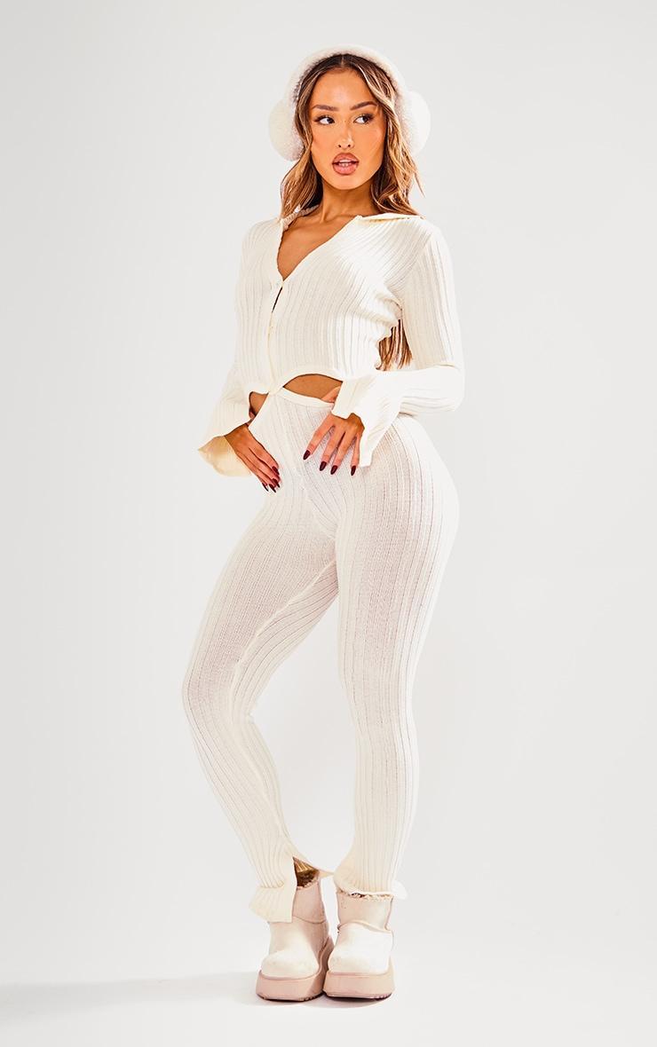 Petite Cream Knitted Button Detail Flared Jumpsuit Product Image