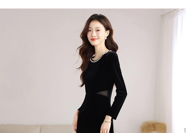 Long-Sleeve Crew Neck Mesh Panel Faux Pearl Accent Slit Velvet Midi Sheath Dress Product Image