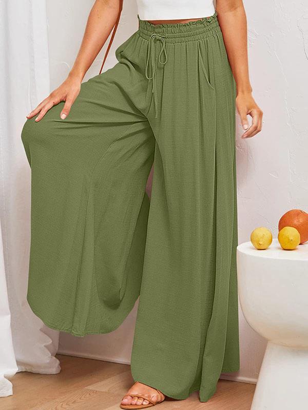 High Waisted Loose Drawstring Elasticity Pockets Solid Color Pants Trousers Product Image