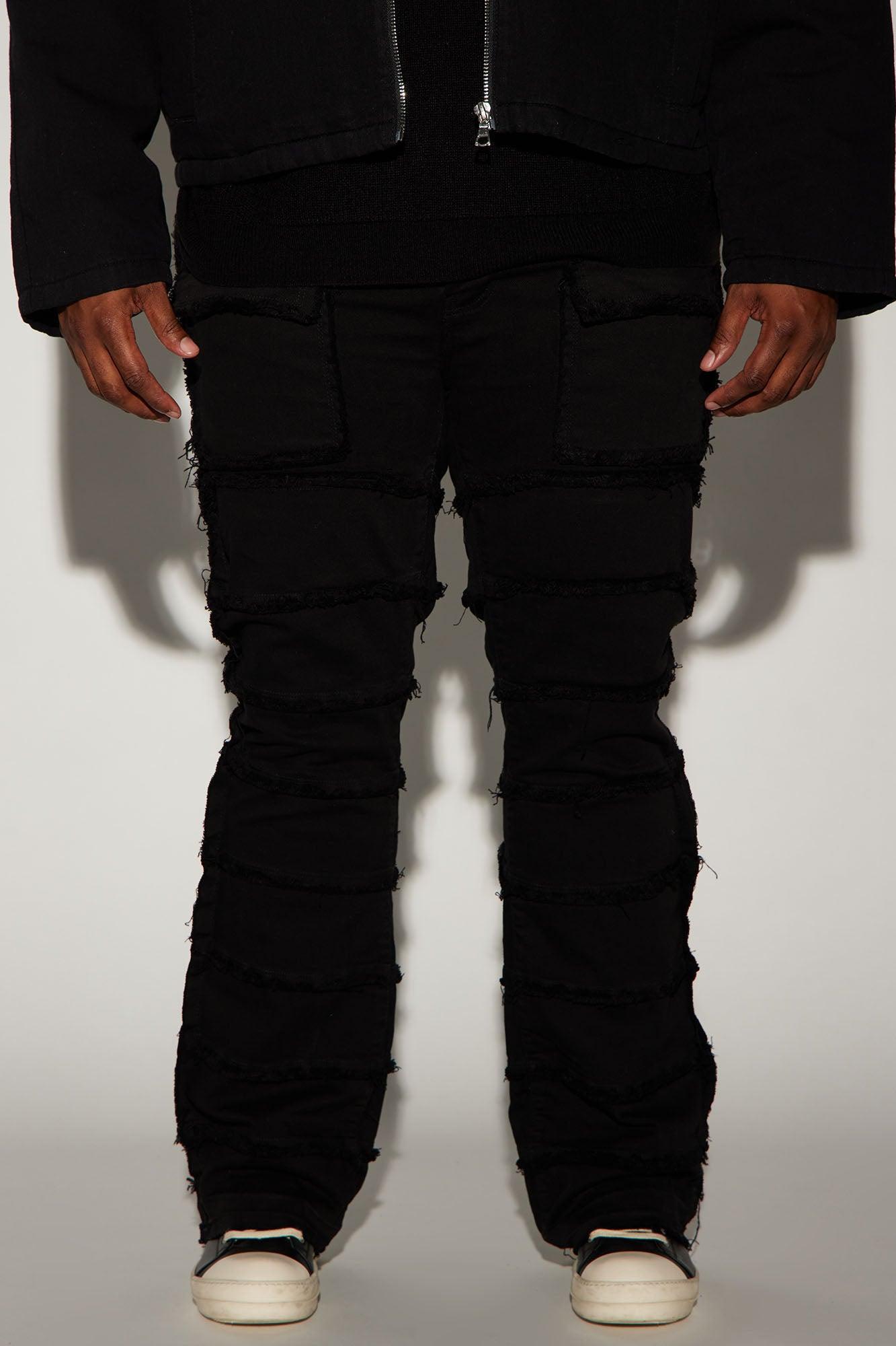 Square Pockets Fray Stacked Skinny Flare Pants - Black Product Image