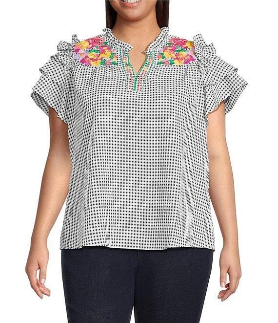 Calessa Plus Size Embroidered Printed Split V-Neck Short Sleeve Ruffle Tunic Product Image