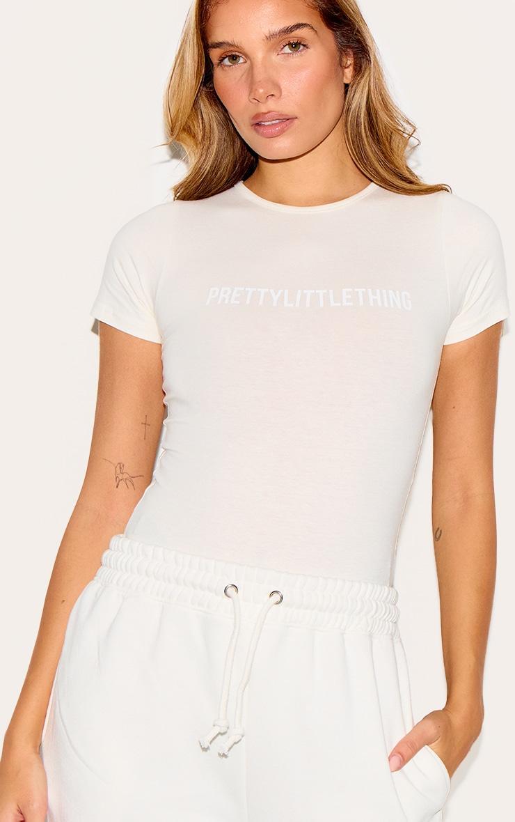 PRETTYLITTLETHING Off White Logo Short Sleeved Bodysuit Product Image