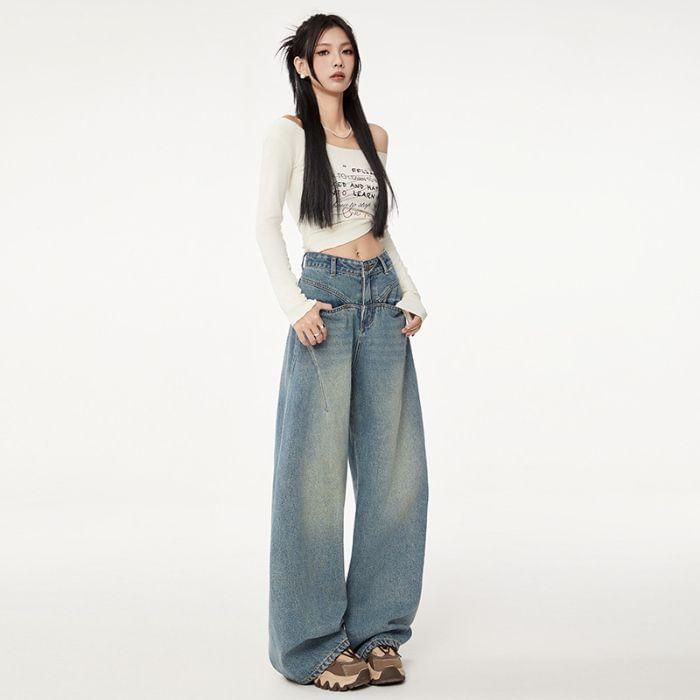 High Rise Washed Wide Leg Jeans (Various Designs) Product Image