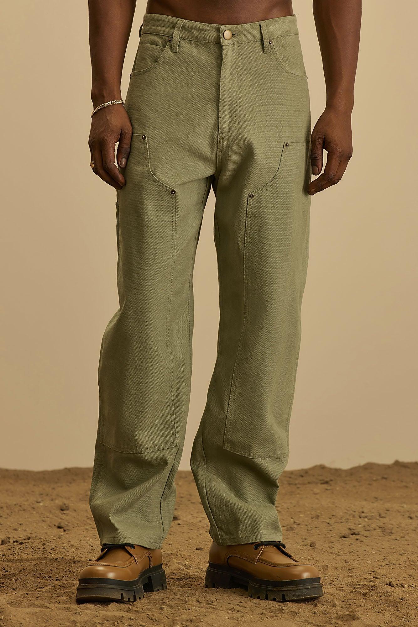 Alexander Double Knee Straight Utility Canvas Pants - Olive Product Image